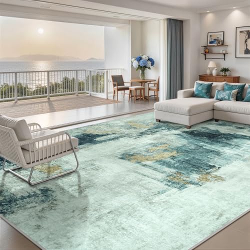 10x14 Area Rugs for Living Room Washable Dining Room Teal Grey Gold (Teal Grey/Gold / 10' x 14' (Rectangular))