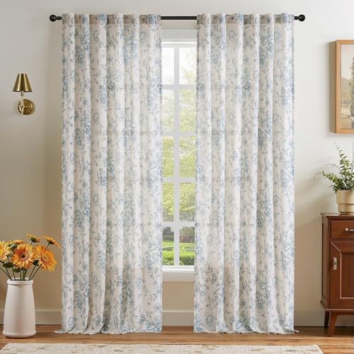 Blue Floral Linen Curtains 108 Long for Living Room 2 Panels (Blue / 50"W x 108"L (Pack of 2))