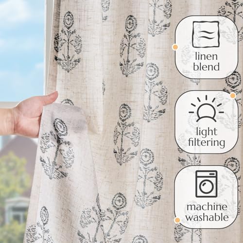 Floral Linen Black Curtains 63 Inch Vintage Back Tab 2 Panels (*Floral Black / 50"W x 63"L (Pack of 2))