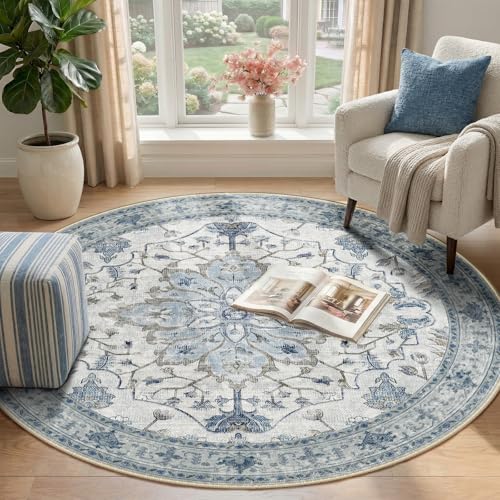 Washable Area Rug (Blue/White/Gray / 4' (Round))