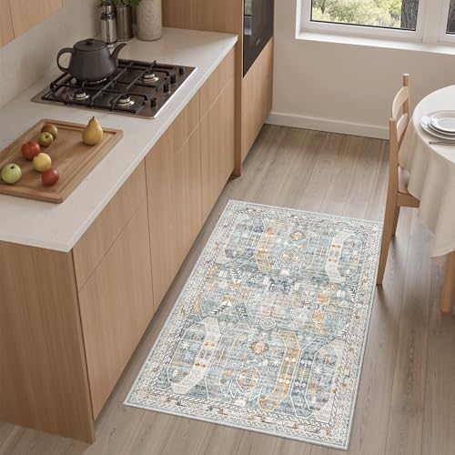 Washable Area Rug 2x3 Small Entryway Rugs Non (Blue/Gold / 2' x 3' (Rectangular))