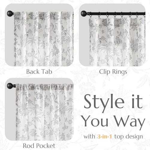 Light Grey Floral Linen Curtains 84 Inch Vintage Back Tab 2 Panels (*Jacobean Light Grey / 50"W x 84"L (Pack of 2))
