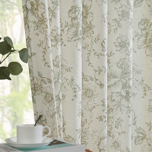 Floral Lined Linen Curtains 84 Long for Living Room 2 Panels (Lined Green / 50"W x 84"L (Pack of 2))