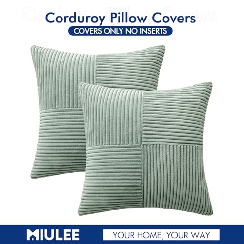 Greyish Green Decorative Throw Pillow Covers 16x16 Inch for Couch Bed Sofa Spring Decor Pack of 2 Boho Farmhouse Throw Pillows Soft Cross Corduroy Patchwork Textured Cushion Cases (16" x 16" (Pack of 2) / Greyish Green)