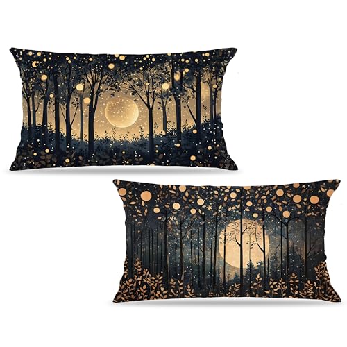 Rustic William Morris Inspired Gold Moon Pillow Covers 12x20 Set of 2 (Forest-black and Gold 26 / 20" x 12" (Pack of 1))