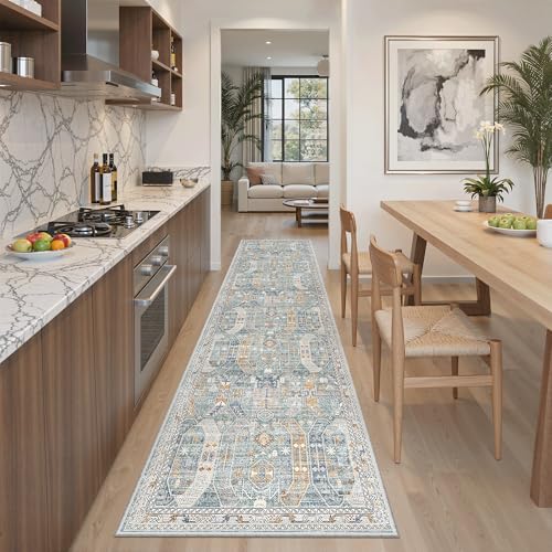 Hallway Runner Rug 2x8 Washable Kitchen Rugs Non (Blue/Gold / 2' x 8' (Runner))