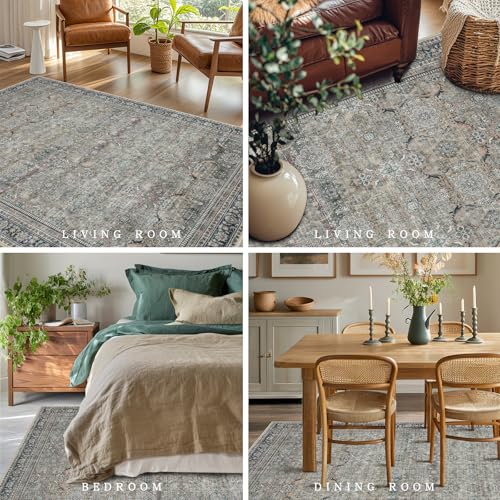 Green Retro 8x10 Washable Area Rugs for Living Room (8' x 10' (Rectangular) / Green-olive-beige-brown-charcoal)