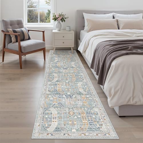 Hallway Runner Rug 2x8 Washable Kitchen Rugs Non (Blue/Gold / 2' x 8' (Runner))