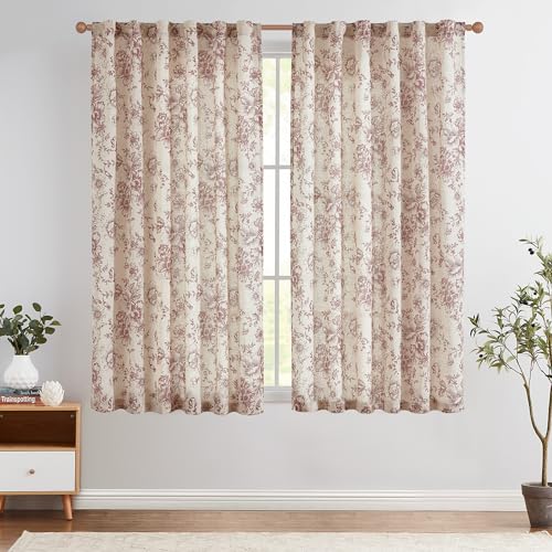Vintage Floral Linen Curtains 45 Long for Living Room 2 Panels (Brick Red / 50"W x 45"L (Pack of 2))