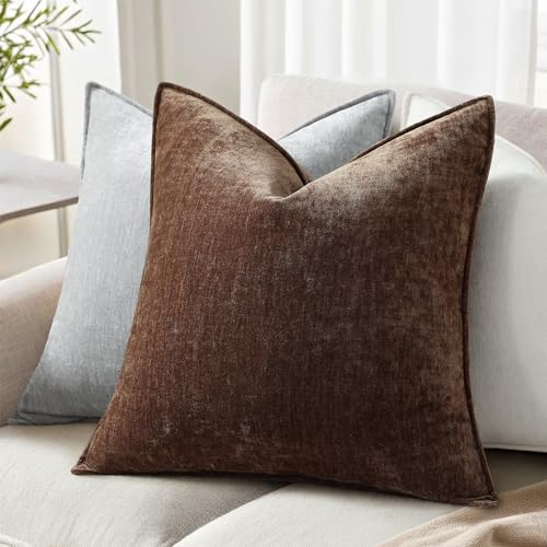 Chenille Dark Brown Velvet Throw Pillow Covers 22x22 Set of 2 (Dark Brown / 22" x 22" (Pack of 2))
