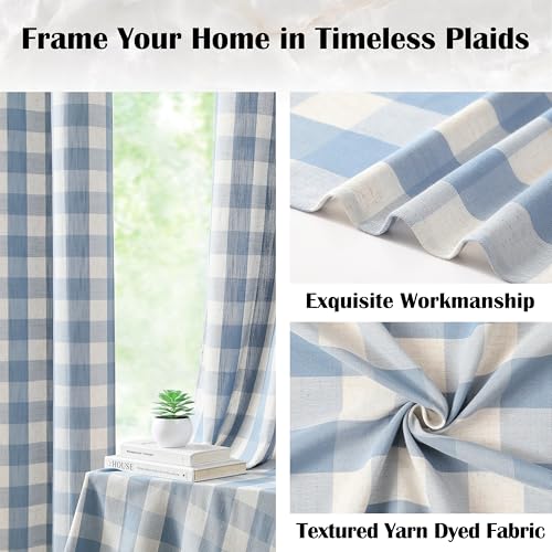 Short Beige Dusty Blue Buffalo Plaid Curtains 54 Inches Long (Dusty Blue/Beige / 40"W x 54"L (Pack of 2))