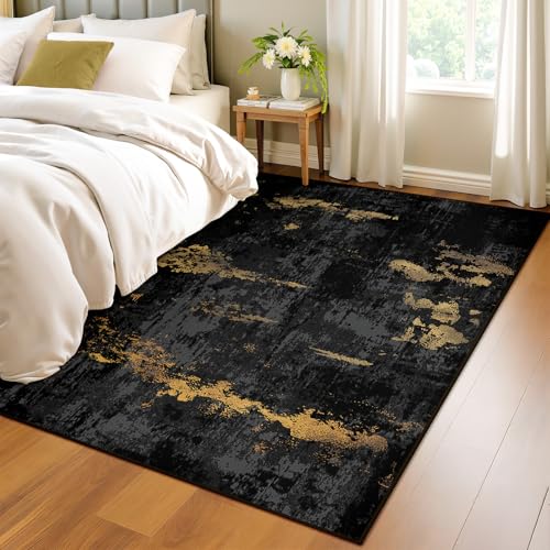 Washable 4'x5' Abstract Area Rug for Living Room Black Gold (Black/Gold / 4' x 5' (Rectangular))