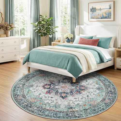 Washable Area Rug (Teal Green/White/Navy / 8' (Round))