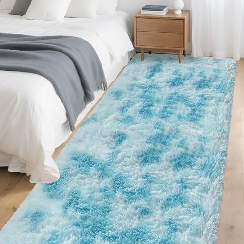 Tie Dyed Sky Blue 3x10 Machine Washable Runner Rugs for Hallway Soft Fluffy Shaggy Bedside Rugs for Bedroom Living Room Indoor Floor Carpet for Kids Girls and Boys Nursery Rooms Home Decor Aesthetic (Tie-dyed Sky Blue / 3' x 10' (Runner))
