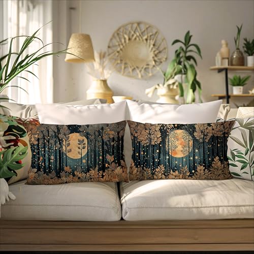 Vintage William Morris Inspired Gold Forest Moon Pillow Covers 20x12 Set of 2 (Forest-black and Gold 34 / 20" x 12" (Pack of 1))