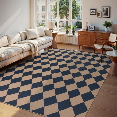 8x10 Checkered Easy Jute Washable Rug for Living Room Indoor Outdoor Geometric Non Slip Carpet for Under Table Neutral Rugs for Backyard Patio Dining Room Office (8'*10'(Rectangular) / Blue/Checkered)