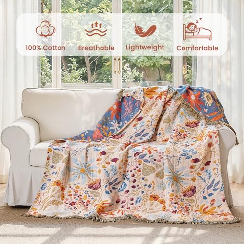 Boho Throw Blanket 50"x60" 100% Cotton Floral Blanket Couch Decor (Beige Navy / 50"x60")