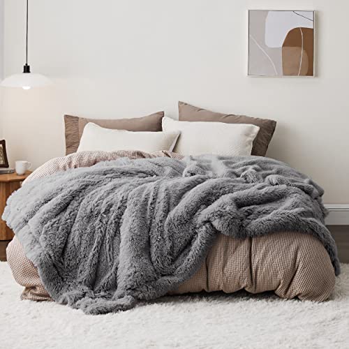 Faux Fur Fluffy Sherpa Fleece Queen Bed Blanket Light Grey 60"x80" (10- Grey / Queen (90" X 90"))