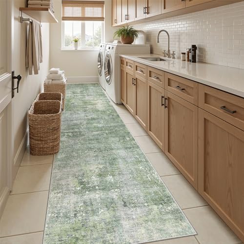 Abstract Runner Rug 2x10 Hallway Kitchen Runners Green (Green/Ivory / 2' x 10' (Runner))