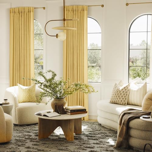 Gold Curtains for Living Room Back Tab Modern Farmhouse Semi Sheer Curtains 84 inches Long 2 Panels Set Muted Neutral Window Curtain for Dining Room Bedroom 52x84 (Rich Gold / 52"W x 84"L (Pack of 2))