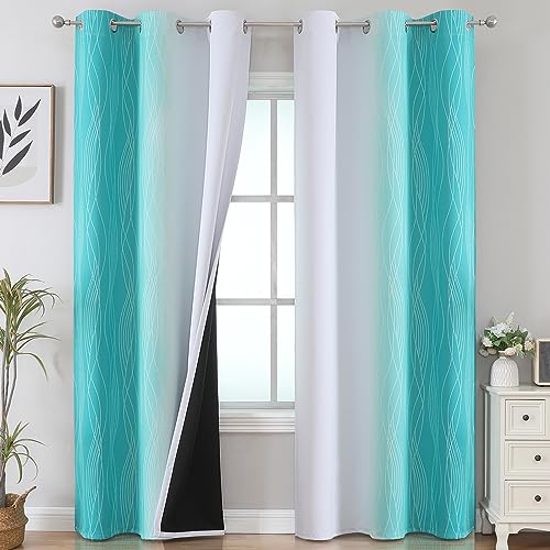 Teal and Grayish White Ombre Blackout Curtains for Living Room 84 Inch Long (Teal and Greyish White / 42"W x 84"L (Pack of 2))