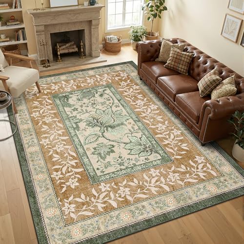 Terracotta Olive Sage Green 2x6 Washable Kitchen Runner Rugs Non Slip Provence Botanical Grove Vintage Boho Cottage Long Rug for Hallways Bedroom TPE Rubber Backing (Terracotta / Olive Sage Green / 2' x 6' (Runner))