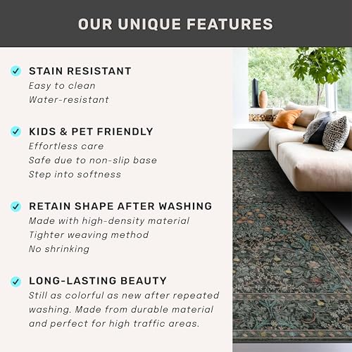 Floral Dark Green Washable Area Rugs 8x10 (Dark Green / Black / 8' x 10' (Rectangular))