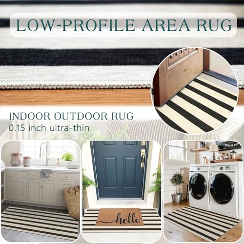 Front Door Mat Indoor Entrance (Striped - Black / Cream / 2' x 4'3" (Rectangular))