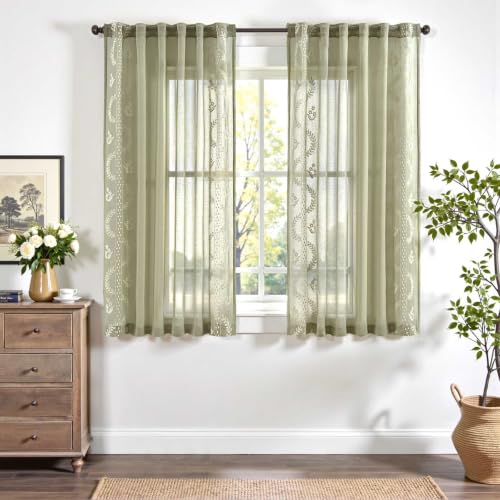 Floral Sheer Curtains (S | Green / 50"W x 63"L (Pack of 2))