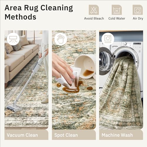 Washable Area Rug 8x10 Large Soft Living Room Rugs Green (Green/Orange / 8' x 10' (Rectangular))
