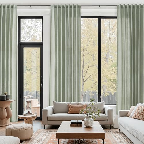 Desert Sage Linen Curtains 132 Inch Length for Living Room Light Filtering Semi Sheer Curtain Back Tab Rustic Farmhouse Decor Elegant Drapes Floor to Ceiling High Window for Bedroom 52x132 (52"W x 132"L (Pack of 2) / Desert Sage)