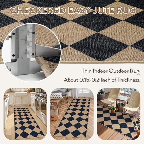 Checkered Easy Jute Non Slip Runner Rug (2' x 6' (Runner) / Black/Checkerboard -2)