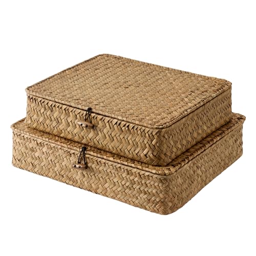 Wicker Basket with Lids (Brown(Seagrass) / 12¾"L x 11¼"W x 3"H + 11"L x 9¼"W x 2½"H)
