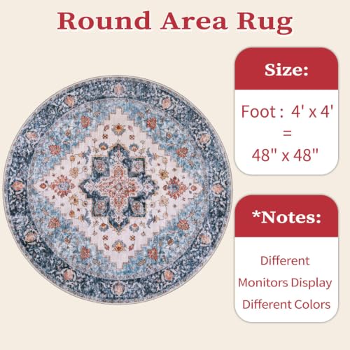 4ft Washable Non Slip Round Boho Area Rug for Bedroom (Blue/Orange / 4' (Round))