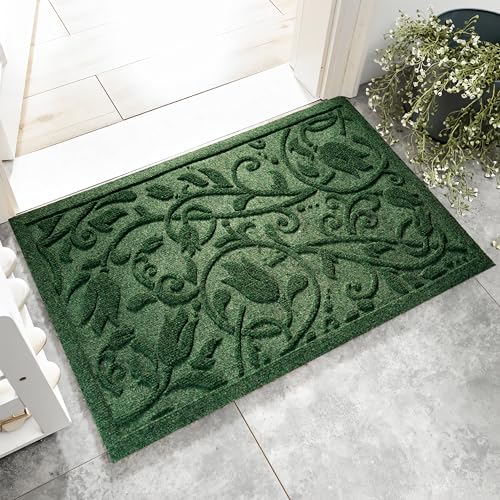 Boho Green Floral Leaves Outdoor Indoor Entrance Doormats (Tulip-green / 1'5" x 2'6" (Rectangular))