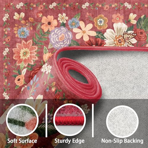 Red Floral Hallway Runner Rug 2x5 for Bedroom Kitchen (Red / 2' x 5' (Rectangular))