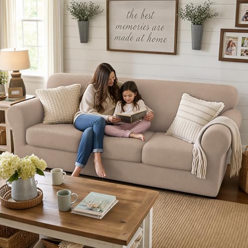 4 Piece Stretch Sofa Cover (71"-91"(3 Cushions) / Khaki)