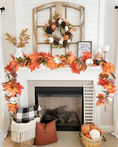 6ft Pumpkin Fall Maple Leaves Garland (Orange&brown)