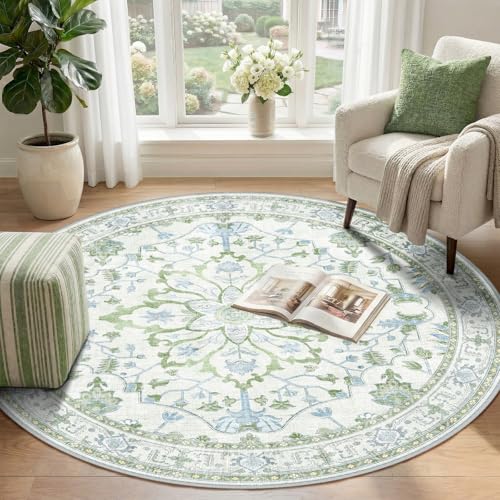 Washable Area Rug (Green/White/Blue / 4' (Round))