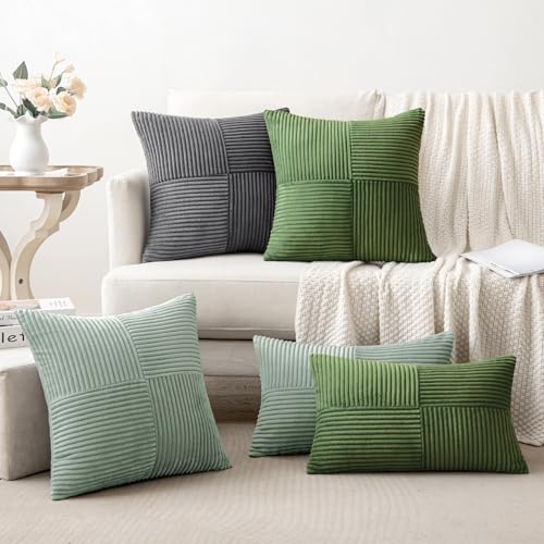 Greyish Green Decorative Throw Pillow Covers 16x16 Inch for Couch Bed Sofa Spring Decor Pack of 2 Boho Farmhouse Throw Pillows Soft Cross Corduroy Patchwork Textured Cushion Cases (16" x 16" (Pack of 2) / Greyish Green)