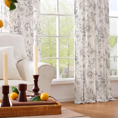 Vintage Floral Linen Curtains 72 Long for Living Room 2 Panels (Black on Beige / 50"W x 72"L (Pack of 2))