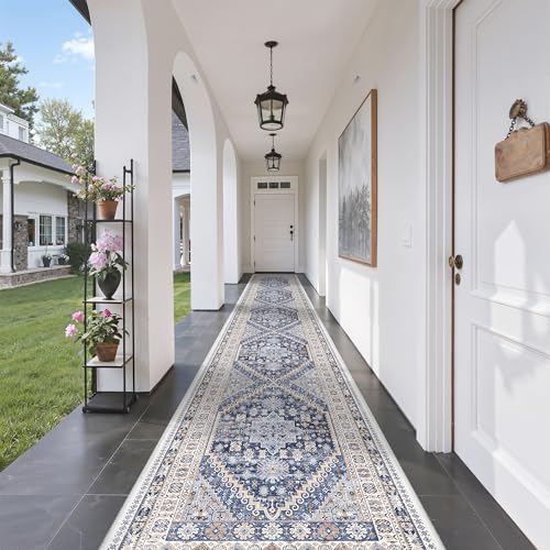 2'6 x 16' Runner Rug Non Slip (Blue/Beige / 2'6" x 16' (Runner))