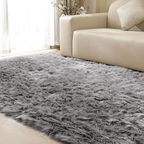 Shag Rug 6x9 Area Rugs for Bedroom Silver Grey Fluffy Machine Washable Faux Sheepskin Shaggy Fur Rugs for Living Room Nursery Rug (6' x 9' (Rectangular) / Silver Grey)