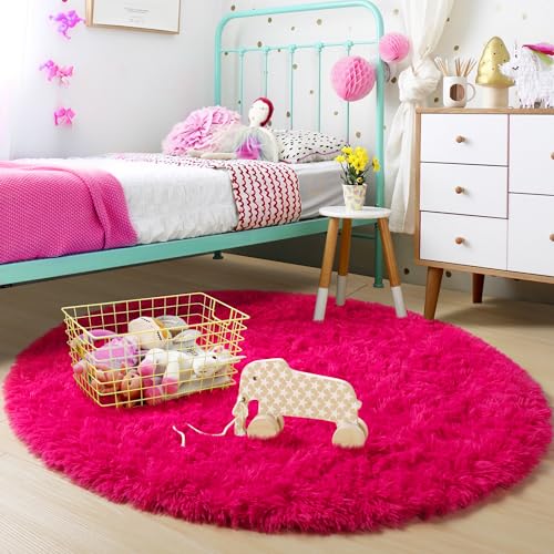 Hot Pink Fluffy Round Rug 4Ft for Girls Bedroom Kids Room Nursery (Hot Pink / 4' (Round))