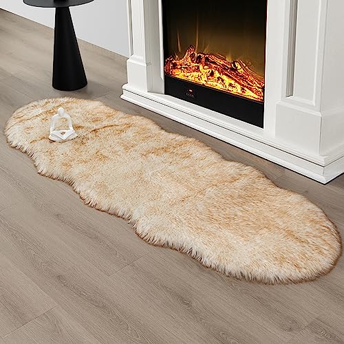 Faux Fur Sheepskin Runner Rug White Yellow 2x6 ft Ultra Soft Shaggy Plush Fluffy Fuzzy Area Carpet Decorative Chair Cover Floor Mat for Bedroom Sofa Living Room Bedside (White and Yellow / 2' x 6' (Runner))