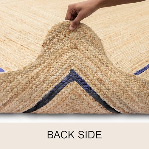 Wave Scalloped Jute Rug Entryway Natural Boho Area Rug Navy Blue 12'x12' (12'x12' / Navy Blue)