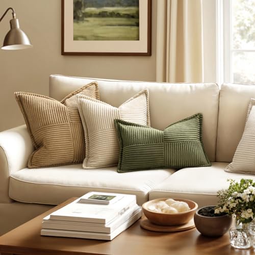 Olive Green Corduroy Lumbar Pillow Covers 12x20 Inch 12x20 Inch with Splicing Set of 2 Soft Boho Pillow Covers Broadside Decorative Textured Summer Pillowcases for Couch Bed Livingroom (Olive Green / 20" x 12" (Pack of 2))