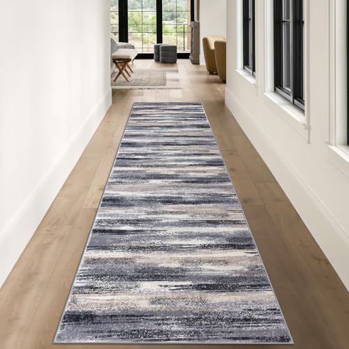 Modern Abstract Runner Rug 3x10 (3' x 10' (Runner) / Grey Navy Blue Black Cream Tan)