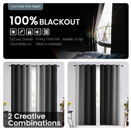 Ombre Black 100% Blackout Bedroom Curtains with White Liner 84L (52"W x 84"L (Pack of 2) / Black With White Back)