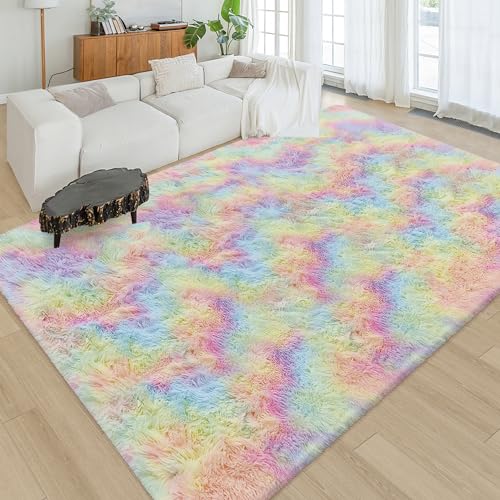 Fluffy Rainbow Colorful Area Rug for Living Room 6x9 Kawaii Tie Dye Rug Fuzzy Indoor Floor Unicorn Rug for Bedroom Girls Kids Nursery Baby Princess Room Dorm Home Decor Aesthetic Carpets (Tie-dyed Rainbow / 6' x 9' (Rectangular))